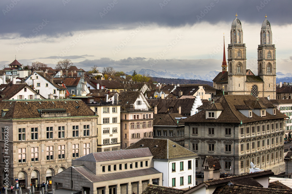 Beautiful panoramic view of historic city center of Zurich with famous Grossmunster Church.