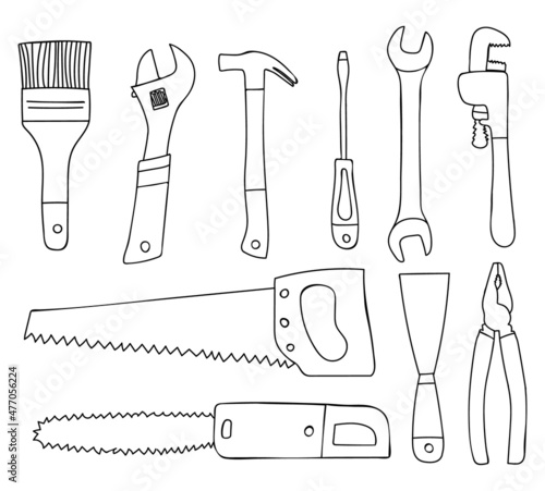 Repair instruments doodle icons set in vector. Hand drawn repair equipments icons collection. Collection of doodle construction equipments.