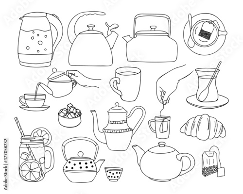 Hand drawn tea icons collection. Doodle tea icons collection. Set of hand drawn tea illustrations.