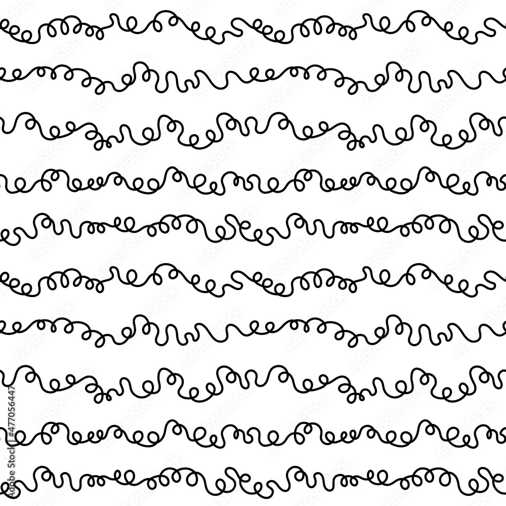 Black and white streamers doodle seamless pattern. Loopy stripes and waves doodle pattern, gift wrap, party background.