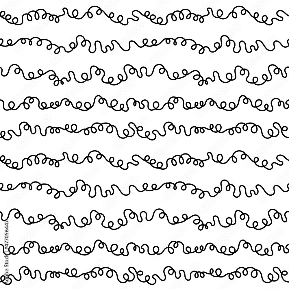 Obraz premium Black and white streamers doodle seamless pattern. Loopy stripes and waves doodle pattern, gift wrap, party background.