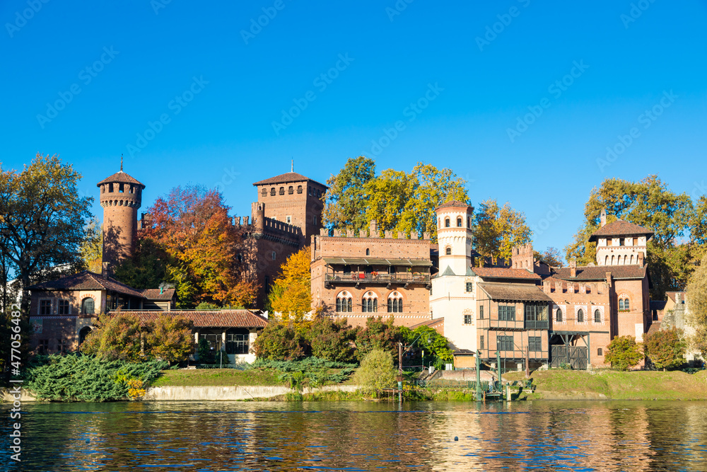 Turin, Italy - outdoors panorama with scenic Turin Valentino castle at sunrise in autumn