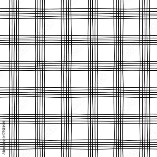 Christmas doodle plaid background seamless pattern. Black and white hand drawn linear plaid background.