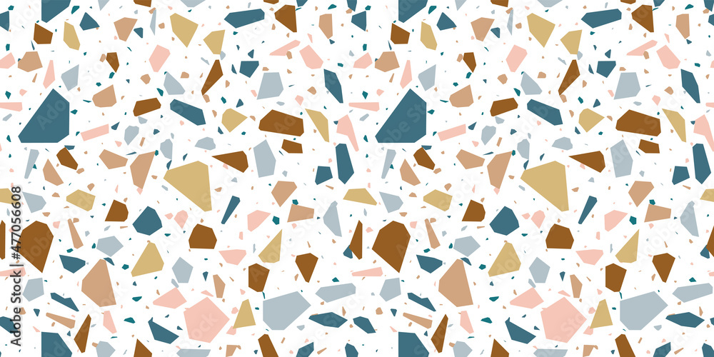 Terrazzo flooring seamless pattern with colorful marble rocks. Classic interior material background of mosaic stone. Trendy fashion print wallpaper for textile project or web backdrop. - obrazy, fototapety, plakaty 