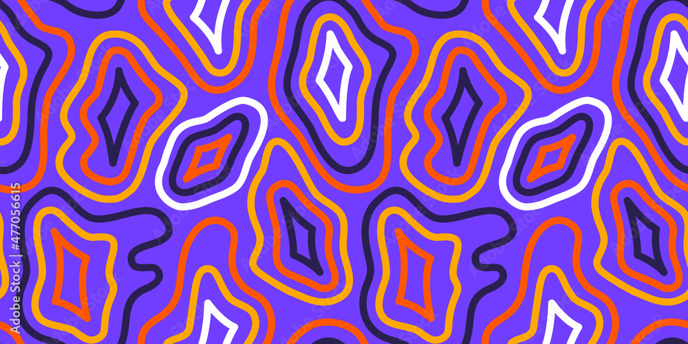 Abstract seamless pattern illustration with colorful line shapes in retro psychedelic art style. Colorful trendy background design.