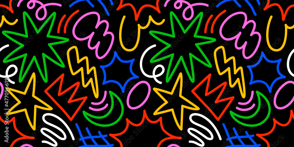 Obraz premium Fun colorful line doodle seamless pattern. Creative comic style art background, trendy design with scribble shapes on black backdrop. 