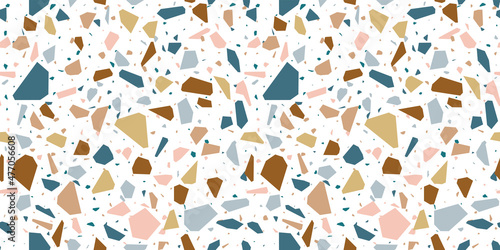 Terrazzo flooring seamless pattern with colorful marble rocks. Classic interior material background of mosaic stone. Trendy fashion print wallpaper for textile project or web backdrop.