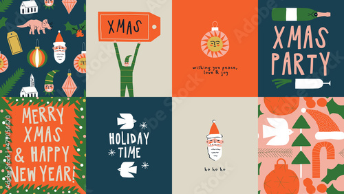 Merry Christmas Happy New year vintage greeting card cartoon collection. Funny xmas party inviation template set, quirky winter holiday poster and wallpaper bundle.