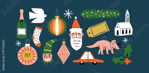 Set of vintage christmas doodle and funny xmas icons on isolated background. Quirky holiday collection, retro shapes in funny cartoon art style. Includes santa claus, champagne, holly ornament bundle.