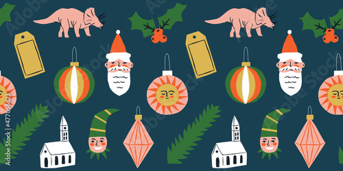 Funny christmas seamless pattern cartoon. Quirky xmas season illustration for holiday celebration. Flat retro style drawing of santa claus, pine tree and holly ornaments.