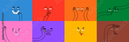 Diverse people face doing funny hand gesture and emotion. Colorful avatar design set, modern flat cartoon character collection in simple doodle art style for psychology concept or social reaction.  photo