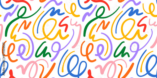 Fun colorful line doodle seamless pattern. Creative minimalist style art background for children or trendy design with basic shapes. Simple childish scribble backdrop.