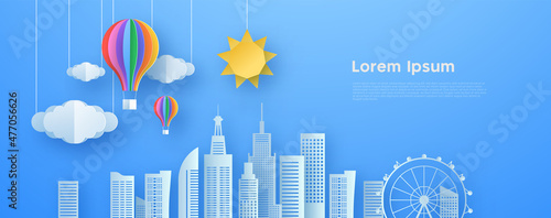Papercut city landscape web template with modern architecture skyscraper, hot air balloon and urban buildings. Sunny day panorama of downtown cityscape in 3d paper cut art style.