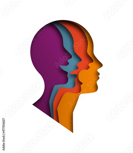 Paper cut layered human head with different emotions inside. Colorful papercut man silhouette laughing, angry and sad on isolated background for mood swing or feeling expression concept. 