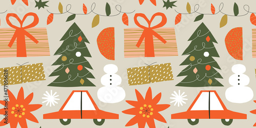 Abstract shape christmas seamless pattern cartoon. Modern xmas season illustration for holiday celebration. Flat drawing of gift, pine tree and car.