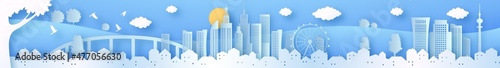 Papercut city landscape horizontal header illustration with modern architecture skyscraper tower and urban buildings. Sunny day panorama of downtown cityscape in 3d paper cut art style.