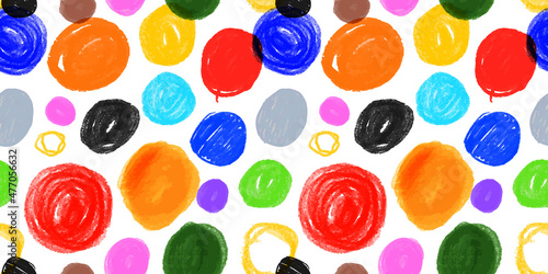 Colorful circle pencil doodle seamless pattern illustration. Childish polka dot freehand scribble and hand drawn crayon shapes background.
