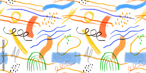 Colorful children pencil doodle seamless pattern illustration. Childish freehand scribble and hand drawn crayon shapes background.