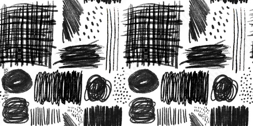 Black and white children pencil doodle seamless pattern illustration. Monochrome charcoal scribble. Hand drawn crayon shapes background.