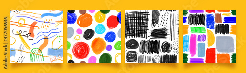 Colorful children pencil doodle seamless pattern set. Childish freehand scribble and hand drawn crayon shapes background collection.
