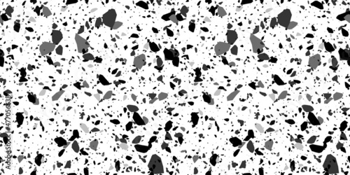 Terrazzo flooring seamless pattern with traditional black and white marble rocks. Classic interior material background of mosaic stone.