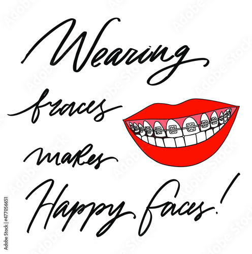 Wearing bracer make happy faces.   Dental invisalign braces vs metal white tooth orthodontic correction treatment concept. Vector
