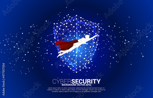 silhouette of superhero fly with Protection shield icon from dot connect line polygon network. concept of guard security and safety