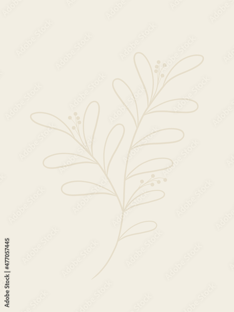 abstract background in a minimalistic style with the image of contour branches of plants with leaves located in the center of the template