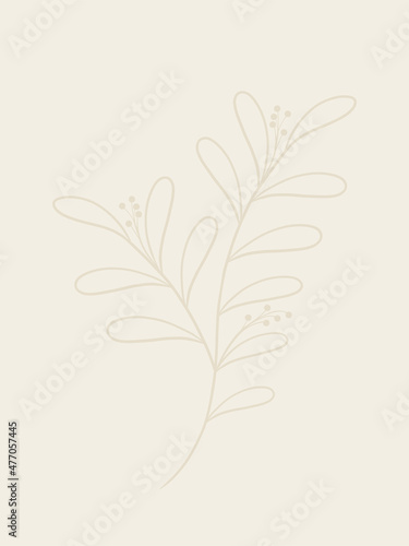 abstract background in a minimalistic style with the image of contour branches of plants with leaves located in the center of the template