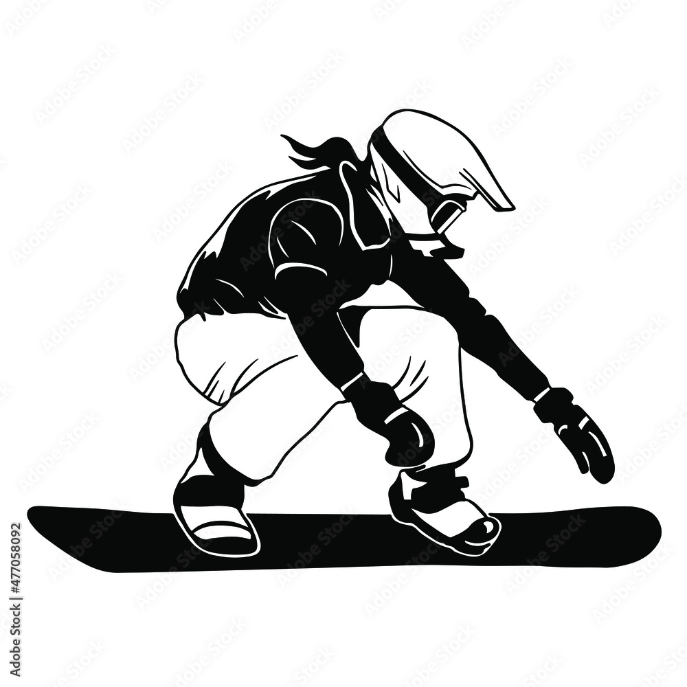 Obraz premium Girl snowboarding vector illustration. Sports snowboarding. Mountain landscape. Vinyl cutting and printing file.