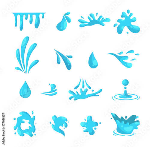 Vector set of blue water splashes, drops, smudges, liquids. Isolated objects on a white background.