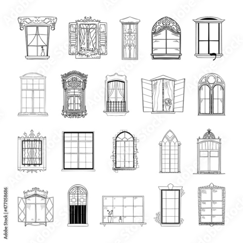 Collection of monochrome illustrations of windows in sketch style. Hand drawings in art ink style. Black and white graphics.