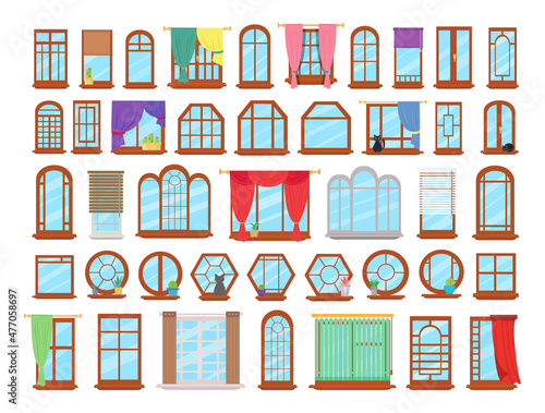 Fototapeta Naklejka Na Ścianę i Meble -  Vector collection of colorful windows in flat style. Objects for creating an interior.