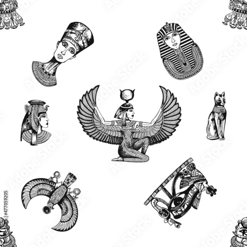 Seamless pattern of hand drawn sketch style Egyptian pharaohs and gods isolated on white background. Vector illustration.