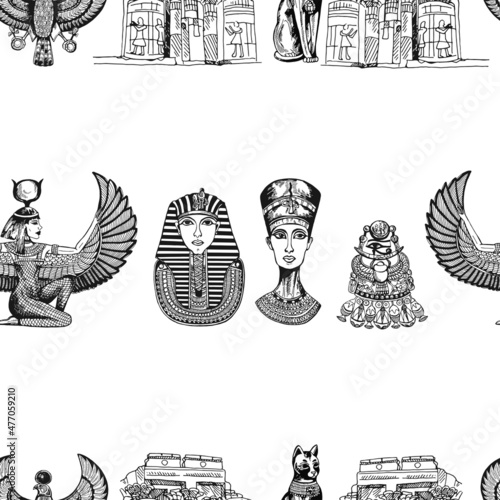Seamless pattern of hand drawn sketch style Egyptian themed objects isolated on white background. Vector illustration.
