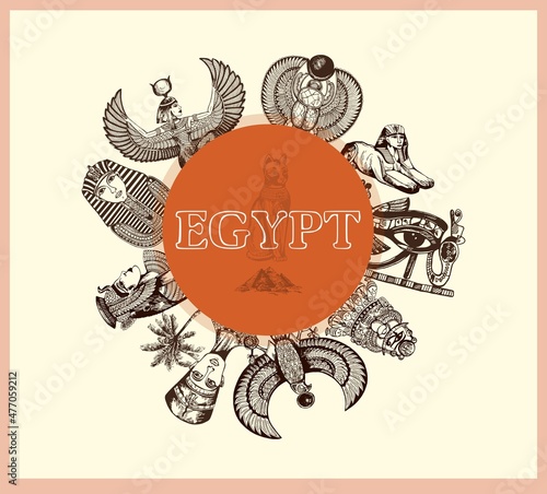 Poster card with hand drawn sketch style Egyptian themed objects. Vector illustration.