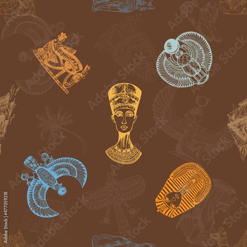 Seamless pattern of hand drawn sketch style Egyptian themed objects. Isolated vector illustration.