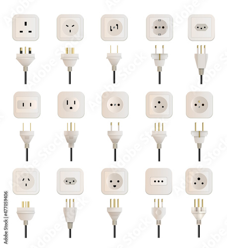 A collection of all kinds of sockets and plugs. Illustrations in a realistic, detailed style.
