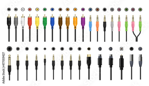 Collection of connectors and jacks for audio and video equipment. Detailed realistic illustrations. photo