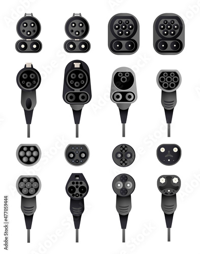 A collection of all kinds of sockets and plugs. Illustrations in a realistic, detailed style.