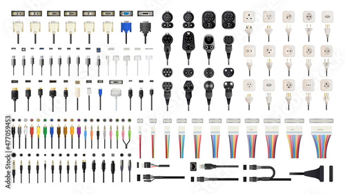 A collection of connectors, plugs, sockets, jacks and cables for different devices. Detailed realistic illustrations.