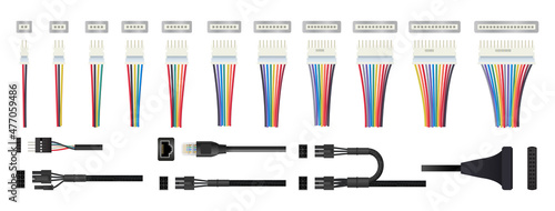 A collection of connectors and cables for different devices. Detailed realistic illustrations.