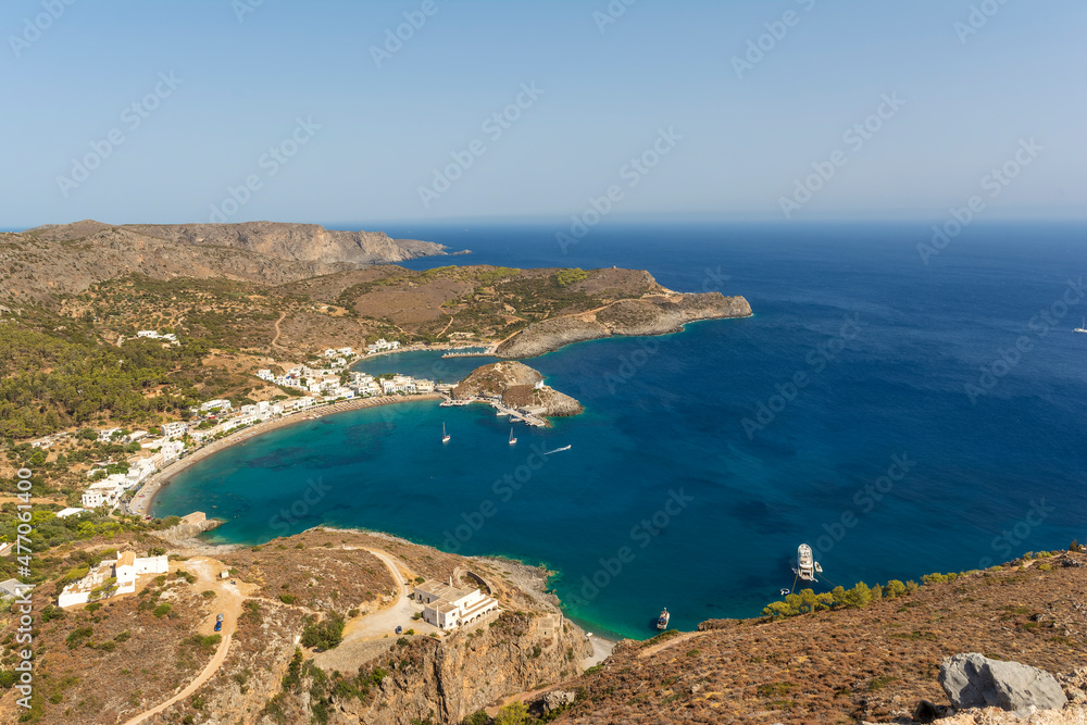 Kapsali bay and village from Chora castle. The Greek island of Kythira.