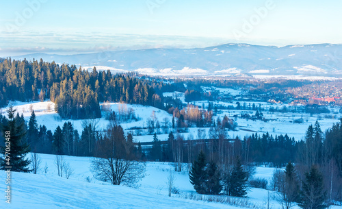 Evening view of winter landscape in the mountains of Poland, Bialka Tatrzanska.
