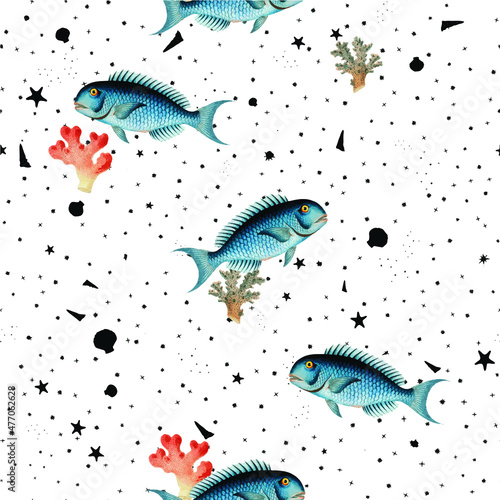 a beautiful seamless fish ocean repeated pattern hand drawn free download perfect for print, fabrics, t-shirts, mugs, packaging etc Free Vector