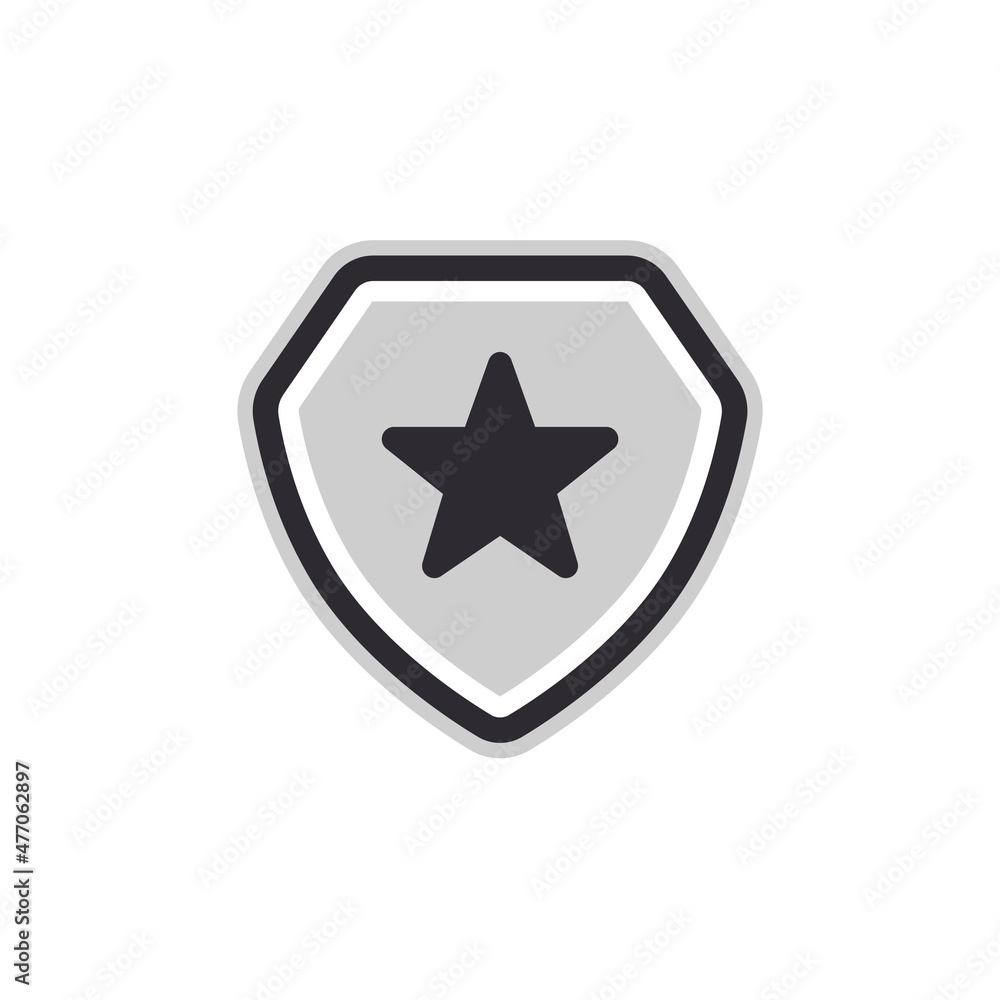 Shield icon. Security sign. Protection icon. Shield vector icon. Safety system. Protection activated. Active safety. Logo template. Shield with star. Guard badge. Metal shield. Guard symbol. Star icon