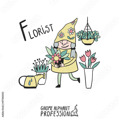Cute gnome alphabet Profession. Letter F - Florist