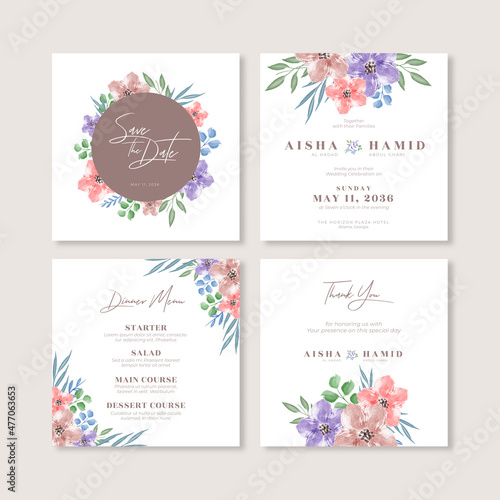 Set of wedding social media post template with beautiful floral watercolor