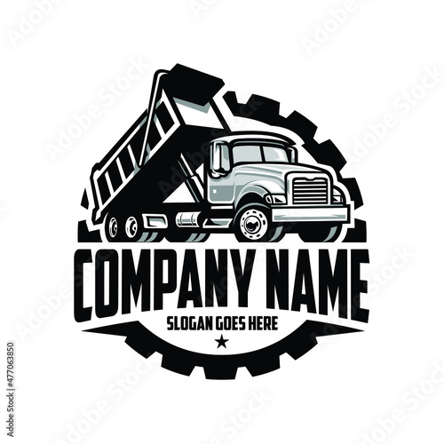 Dump truck emblem gear ready made logo vector isolated. Best for trucking and freight related industry