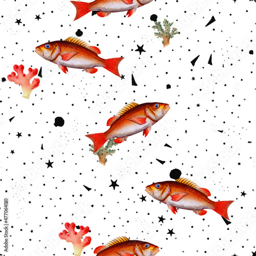 beautiful vintage repeated seamless pattern of fish, sea and ocean creatures